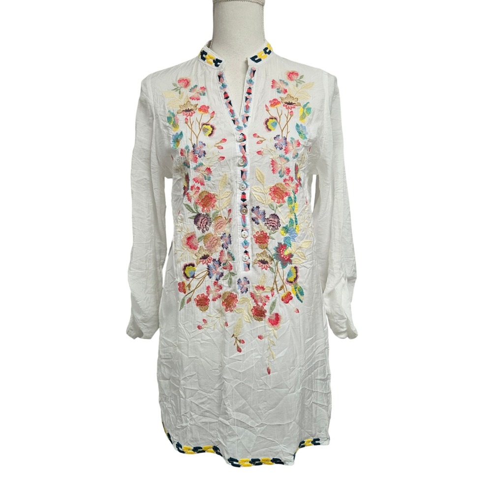 Adore Floral Embroidered Bamboo Tunic Blouse Boho V-Neck White Women's Sz M